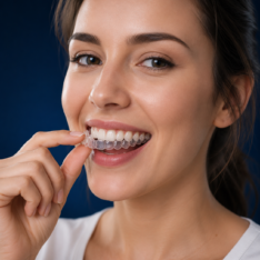 Una donna sorridente che indossa gli allineatori trasparenti per il trattamento ortodontico.