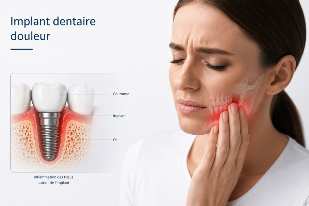 Une femme souffrant d'un implant dentaire douleur et d'une sensibilité après la chirurgie.