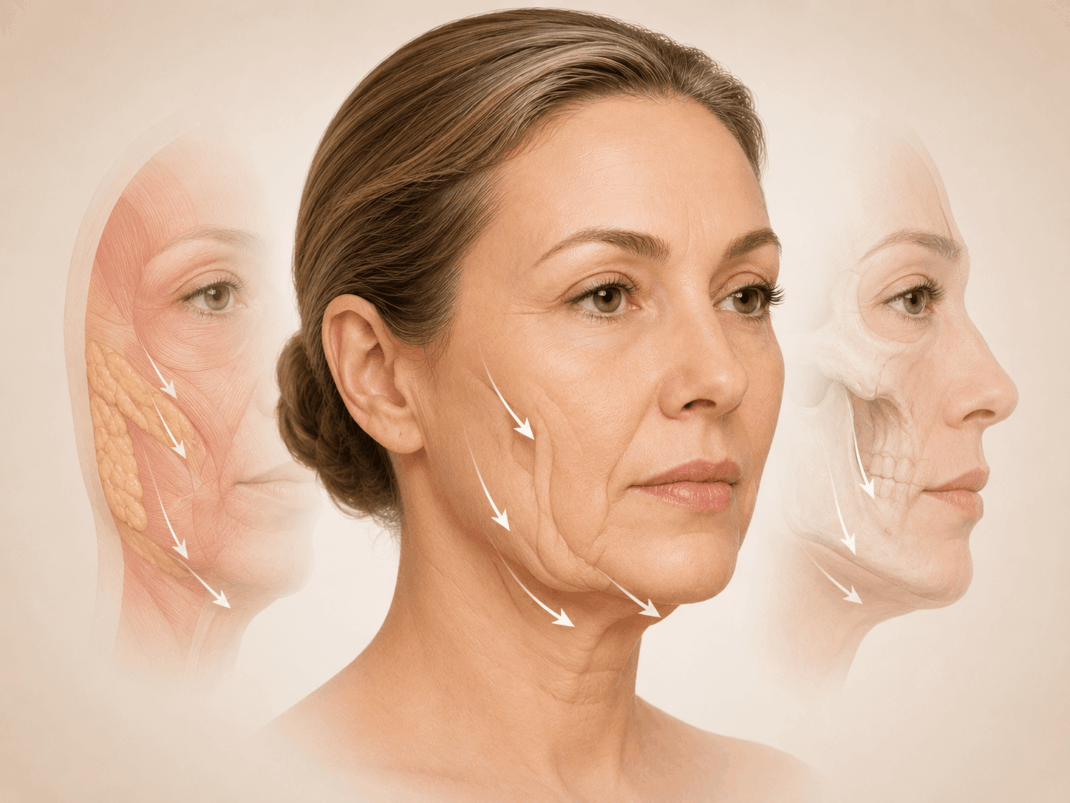 Schéma anatomique du vieillissement facial et ptose tissulaire avant mini lifting visage.