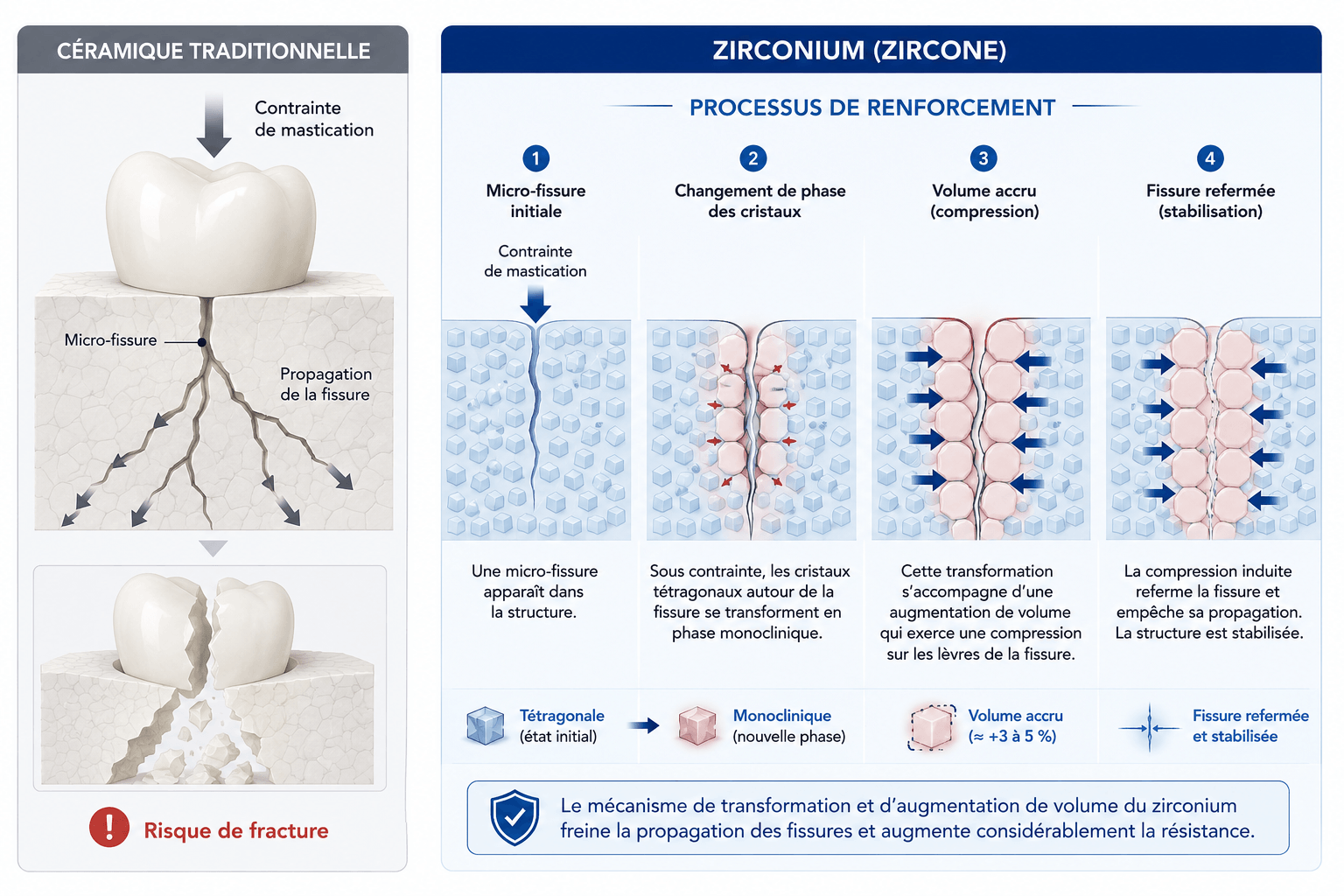 Mécanisme de renforcement d'une couronne dentaire zircone face à la mastication