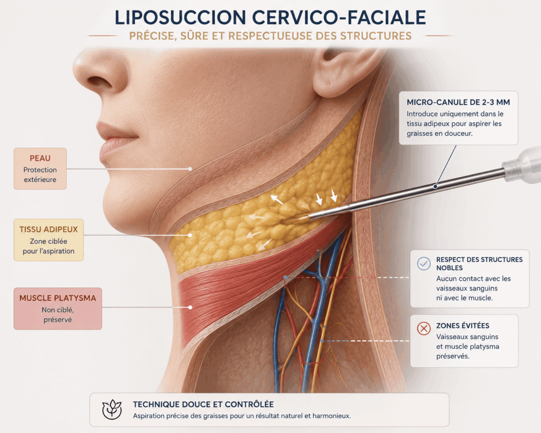 Schéma anatomique de la liposuccion double menton montrant l'aspiration des tissus adipeux