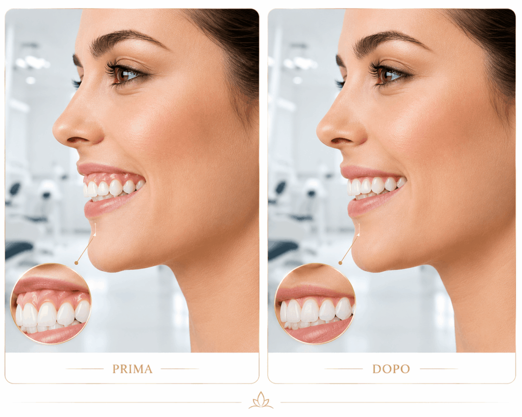 Risultato prima e dopo la correzione del sorriso gengivale per un profilo armonioso