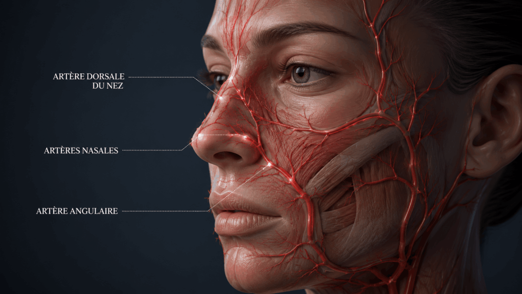 Schéma de l'anatomie vasculaire nasale et zones de danger pour la rhinoplastie médicale.