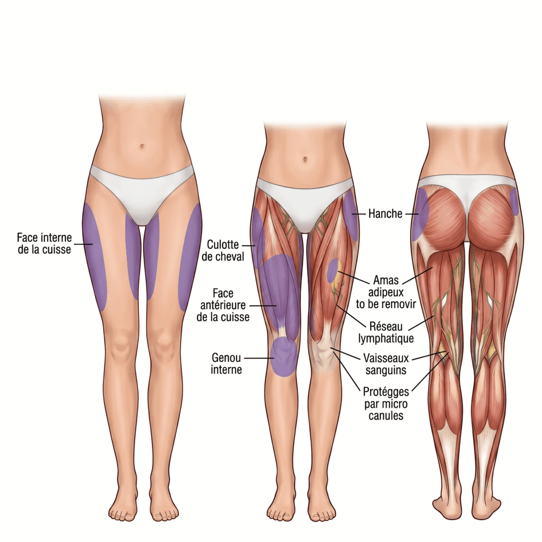 Liposuccion cuisse : guide complet en 5 étapes pour affiner les jambes 6 Anatomie clinique des jambes pour une liposuccion cuisse : schéma montrant la culotte de cheval, les muscles et le bassin osseux.