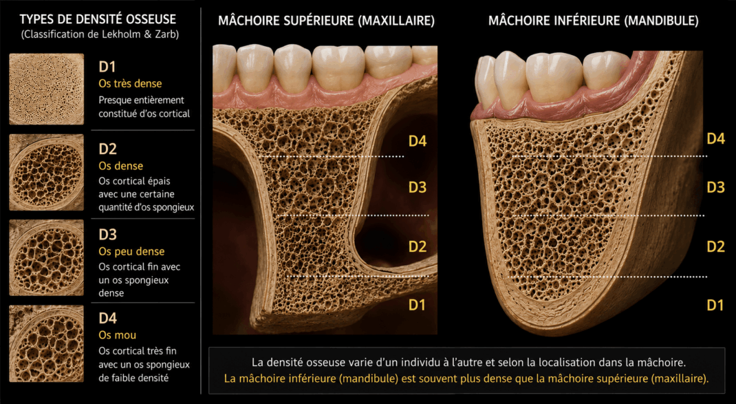 La densité osseuse pour la pose implant dentaire : types d'os D1 à D4