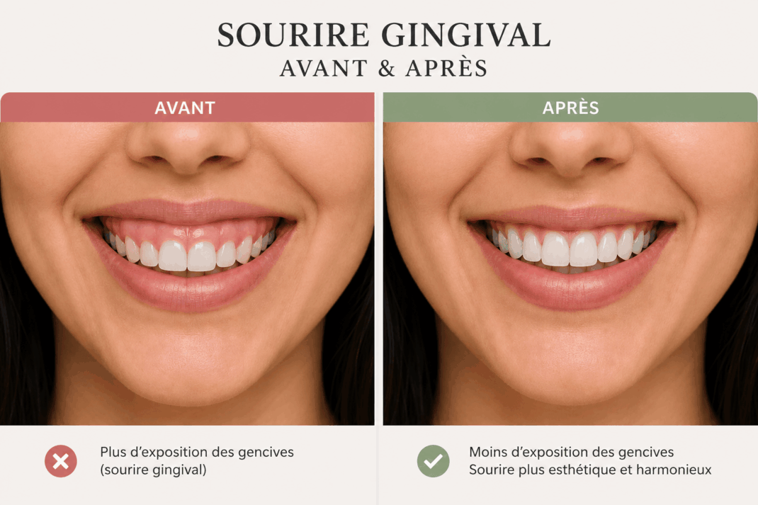 Sourire gingival : guide complet en 7 étapes pour retrouver l'harmonie du visage 6 Sourire gingival avant après : infographie explicative montrant la correction de l'exposition excessive des gencives.