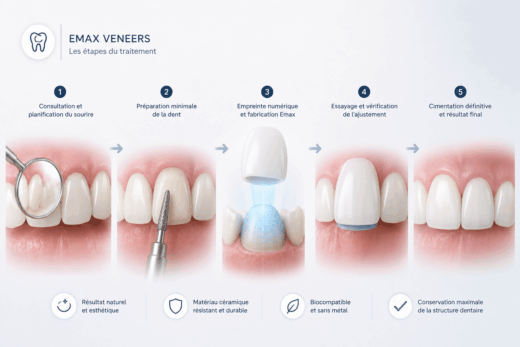 Illustration montrant les étapes de la pose de facettes dentaires Emax pour améliorer l'esthétique du sourire.