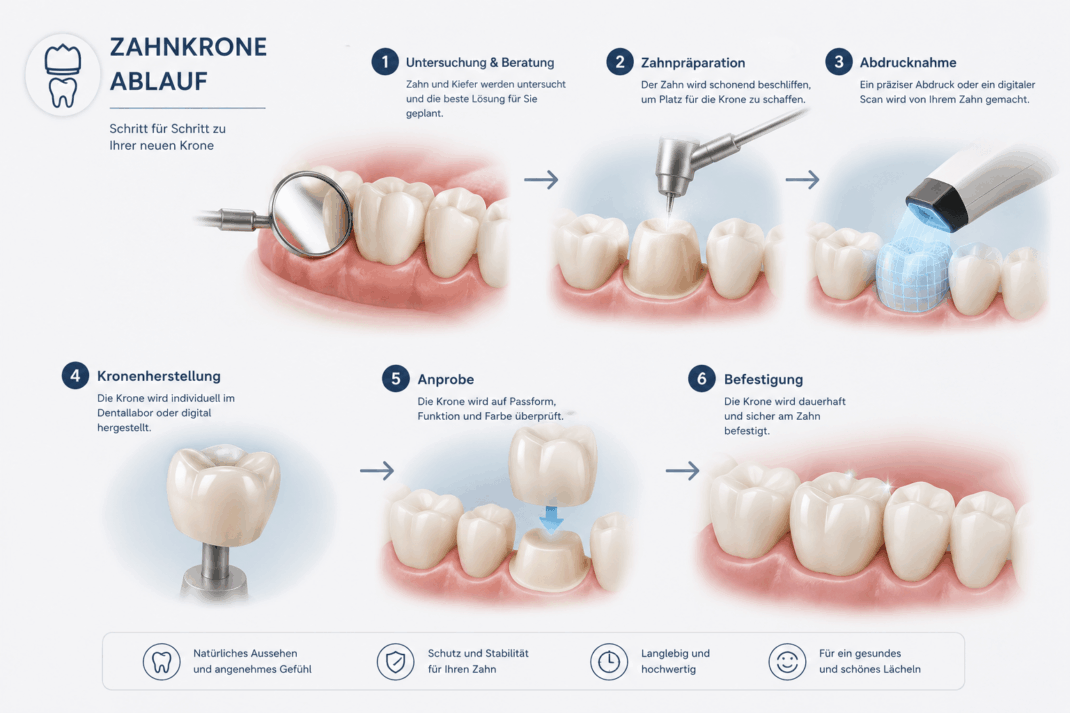 Zahnkrone Ablauf: 4 Phasen für Ihr neues Lächeln 6 Infografik zum Ablauf einer Zahnkrone – von der Untersuchung über die Zahnpräparation bis zur endgültigen Befestigung der Krone.