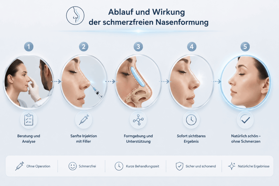 Hyaluron Nasenkorrektur: 4 schnelle Schritte 6 Infografik zum Ablauf und zur Wirkung der schmerzfreien Nasenformung mit Beratung, Filler-Injektion und sichtbarem Ergebnis.