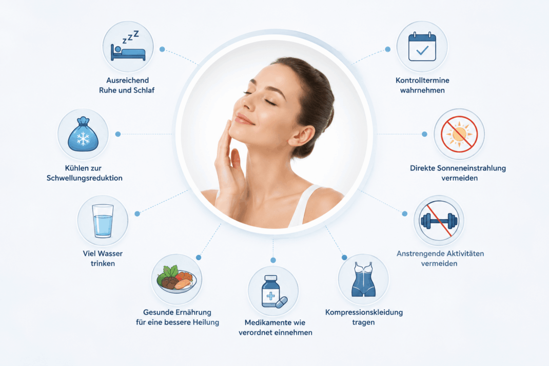 Zahnimplantate im Alter: Ablauf und 4 Vorteile 6 Infografik mit Tipps zur Nachsorge und wichtigen Empfehlungen für eine erfolgreiche Heilungsphase nach einer Behandlung.