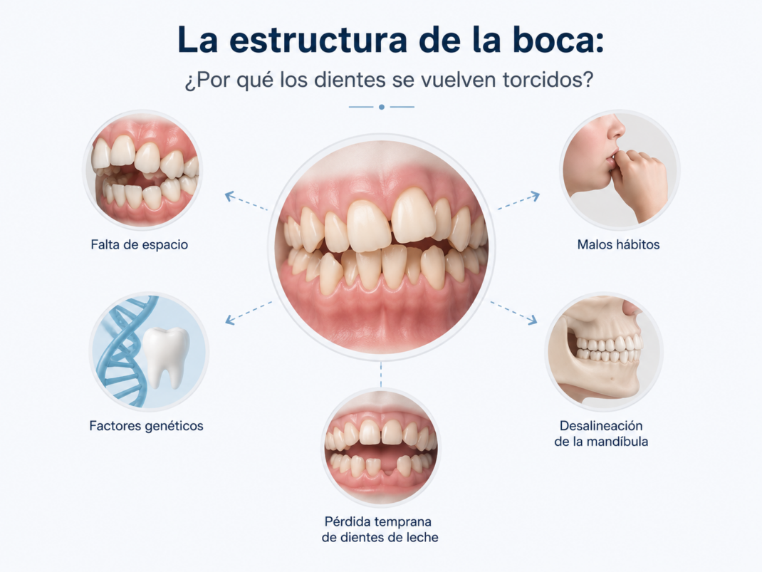 Dientes torcidos: 4 soluciones modernas en ortodoncia 5 Infografía que explica las principales causas por las que los dientes se vuelven torcidos, como la falta de espacio, los factores genéticos y los malos hábitos.