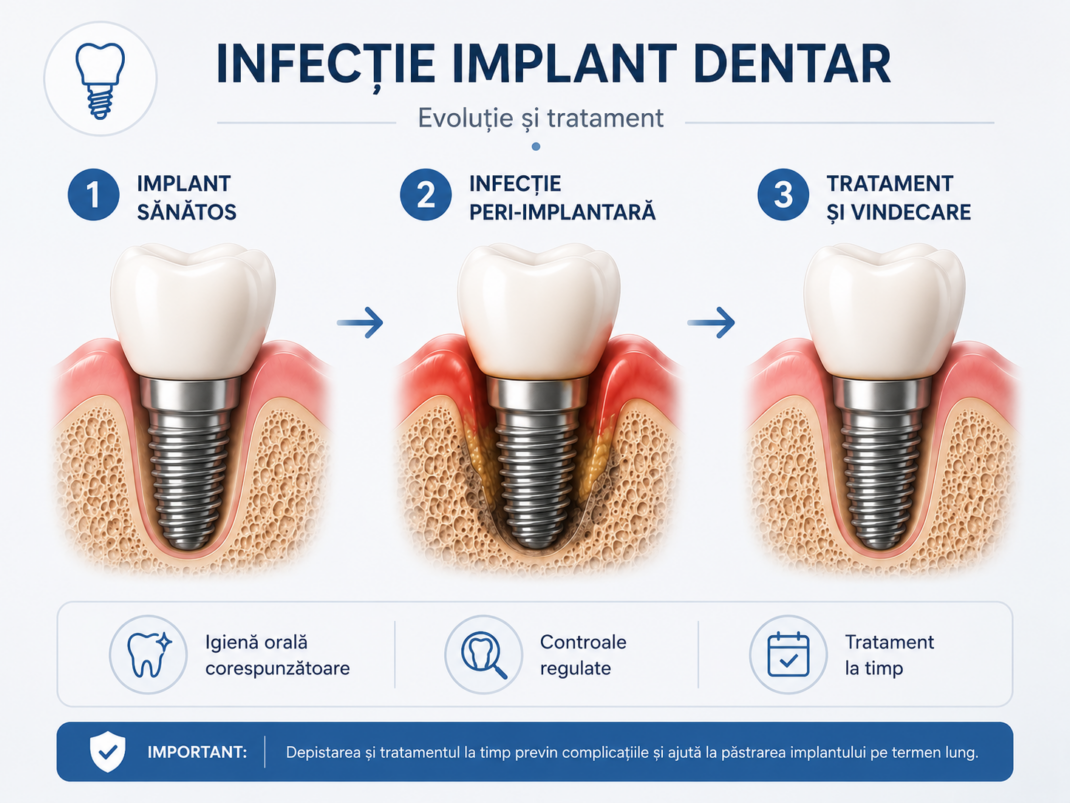 Infografic care ilustrează evoluția unei infecții la implantul dentar, de la un implant sănătos până la tratament și vindecare.