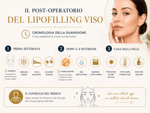 Infografica che mostra il post-operatorio del lipofilling del viso con le fasi della guarigione, consigli sulla cura della pelle e recupero nelle prime settimane.