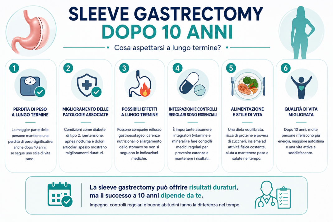 Sleeve gastrectomy dopo 10 anni: 5 regole biologiche 6 Infografica che illustra cosa aspettarsi 10 anni dopo una sleeve gastrectomy, inclusi mantenimento della perdita di peso, possibili effetti a lungo termine e l'importanza di uno stile di vita sano.